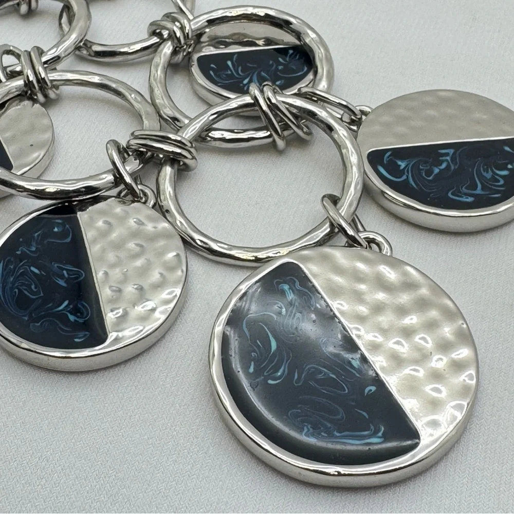 Chico’s Silver Tone Hammered Finish Blue Swirl Enamel Statement Necklace Discs